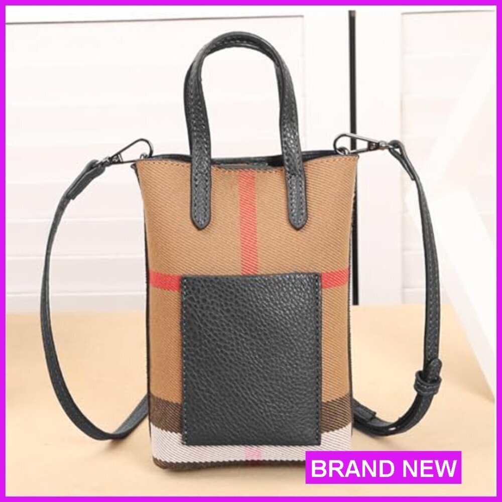 Mini Crossbody Bag Classic Plaid Canvas PU Leather Adjustable Strap Chic - Picture 2 of 7
